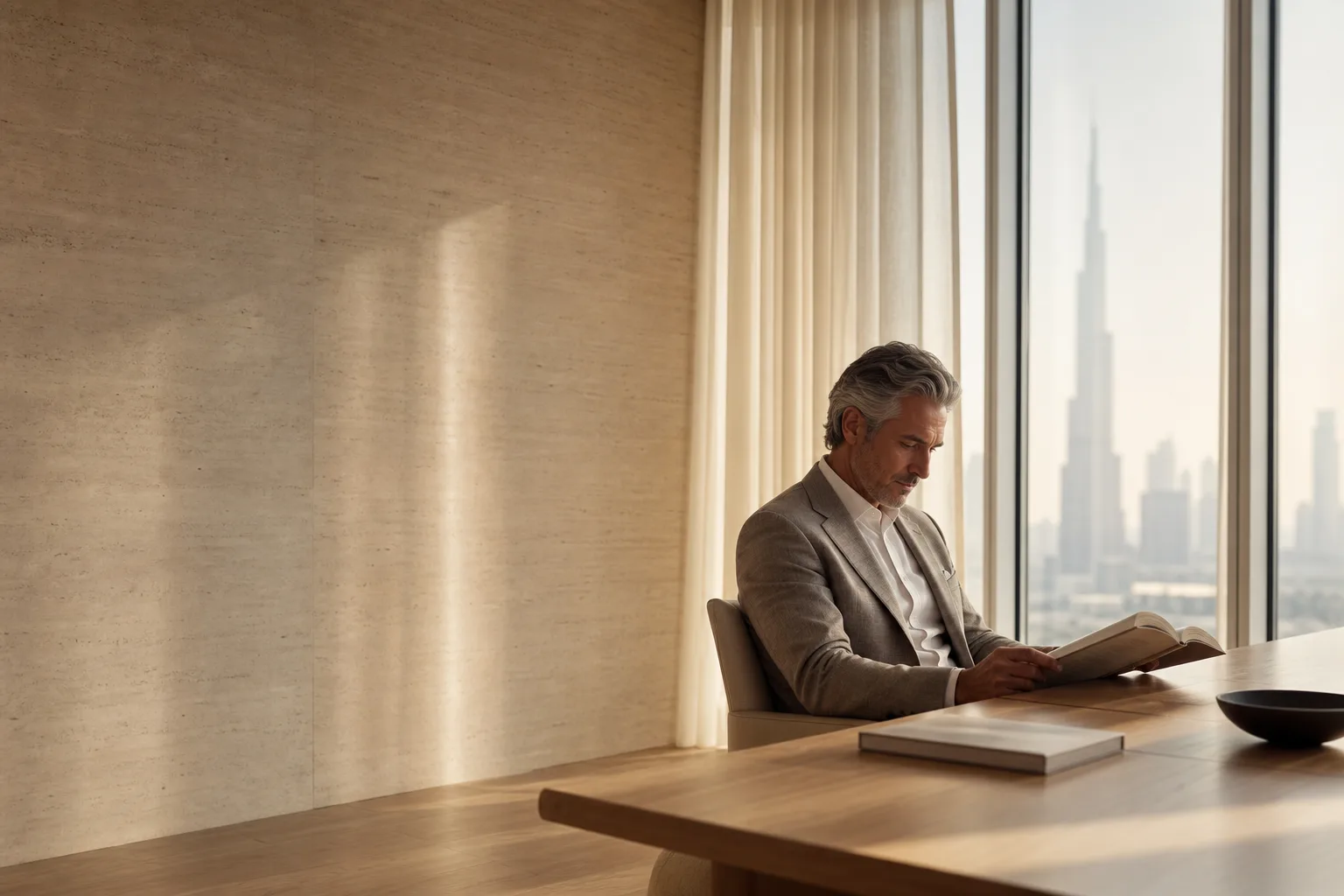 A senior executive reading at a long oak table in a sunlit Dubai office tower, the city skyline beyond the window
