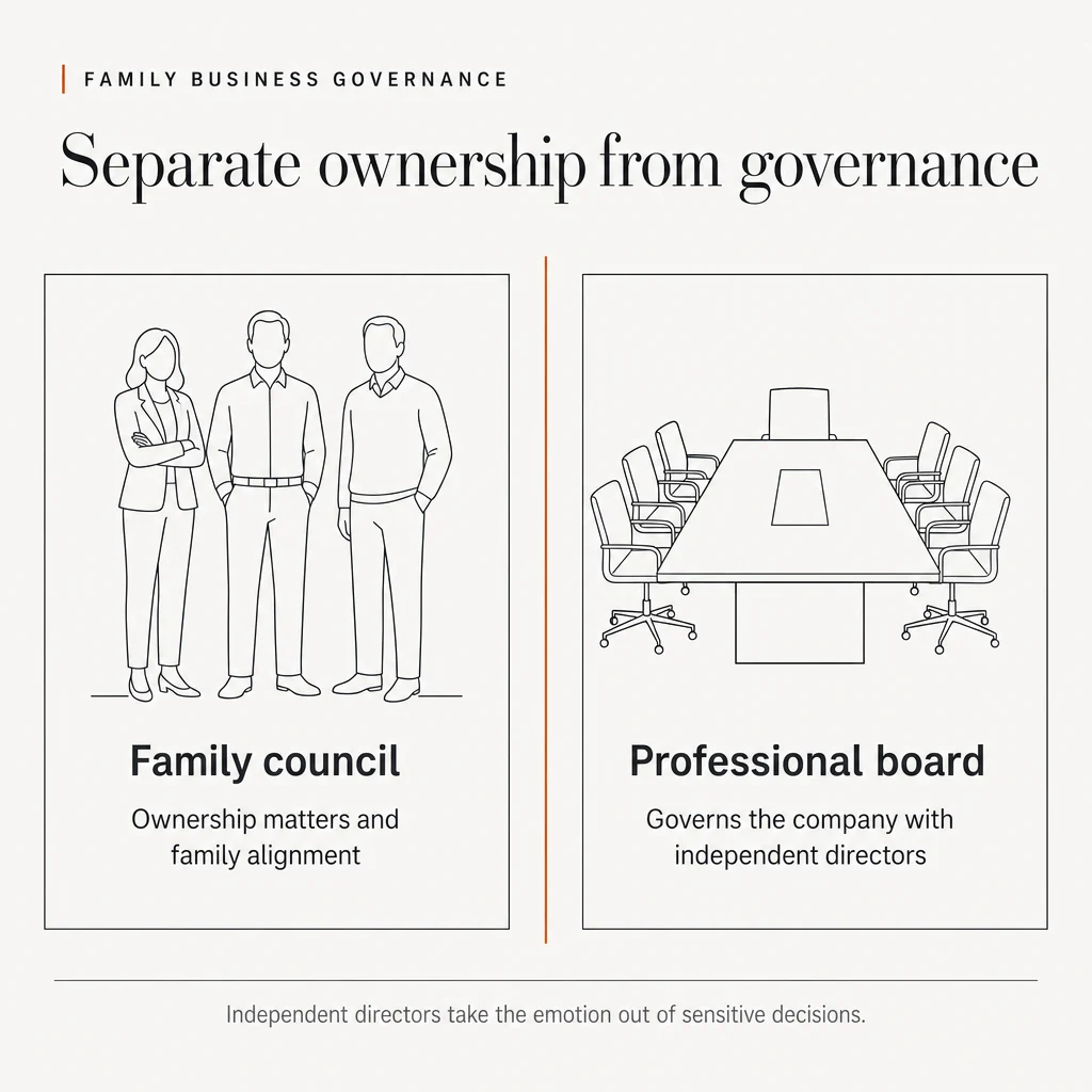 An illustration in two panels headed 'Separate ownership from governance', under the eyebrow 'Family business governance'. The left panel shows three simple figures and reads 'Family council: Ownership matters and family alignment'. The right panel shows a boardroom table and reads 'Professional board: Governs the company with independent directors'. An orange vertical line divides the panels. The footer reads 'Independent directors take the emotion out of sensitive decisions.'