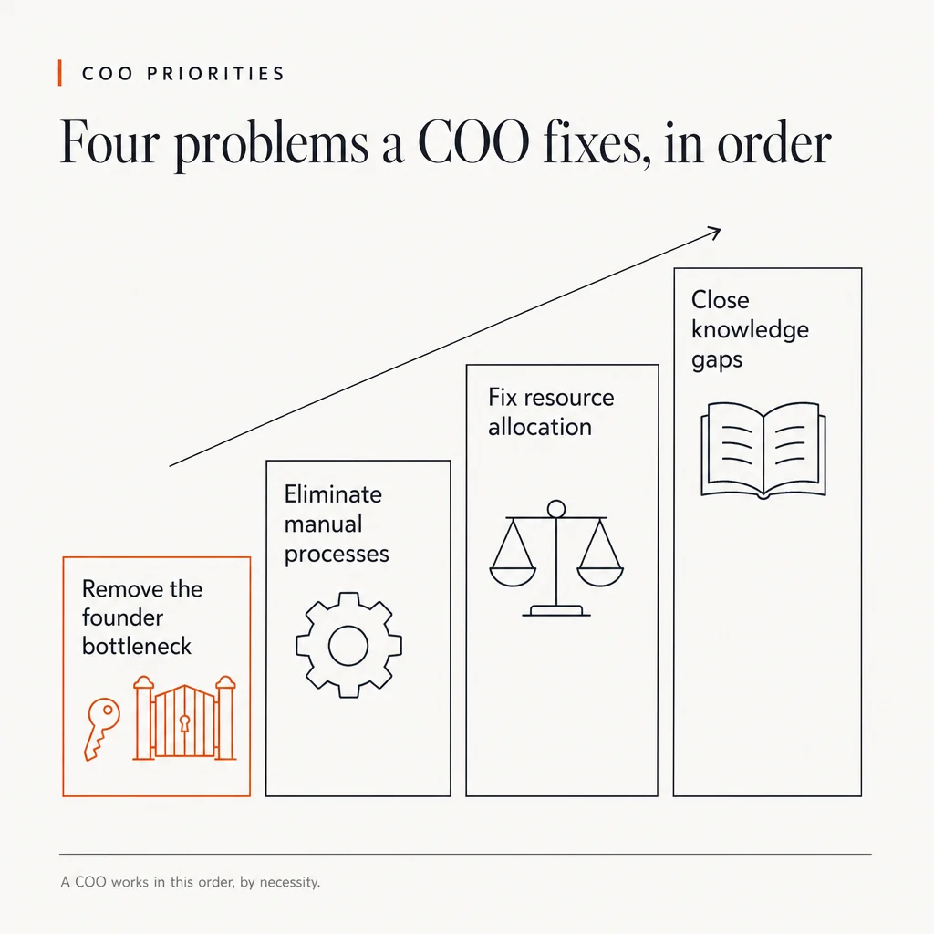 A four-step staircase showing the order in which a COO fixes operational problems. Step one, highlighted in orange with a key and gate icon: remove the founder bottleneck. Step two, with a gear: eliminate manual processes. Step three, with scales: fix resource allocation. Step four, with an open book: close knowledge gaps. The headline reads: Four problems a COO fixes, in order. The eyebrow reads: COO priorities. The footer reads: A COO works in this order, by necessity.