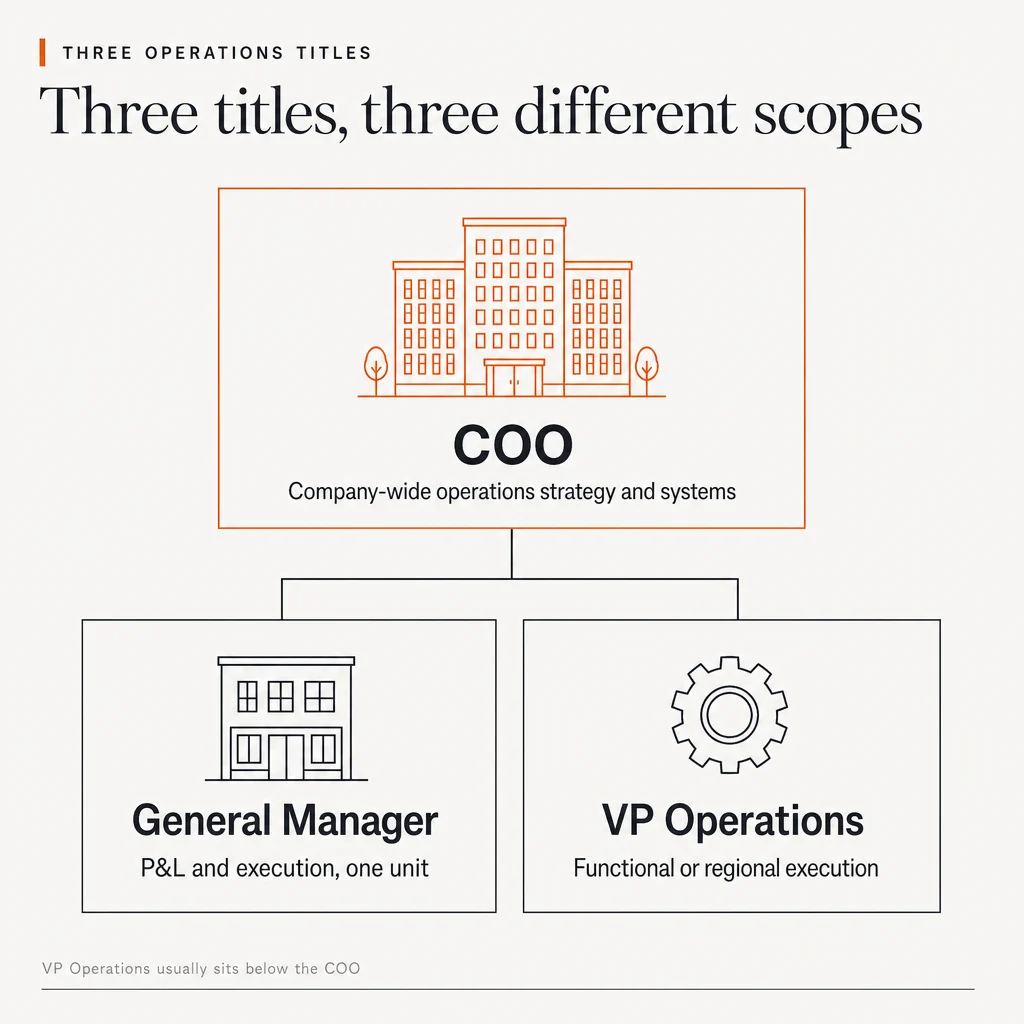 Illustration headed Three operations titles: Three titles, three different scopes. A small org chart. At the top, highlighted in orange with a large building icon: COO, Company-wide operations strategy and systems. Below it on the left, with a single building icon: General Manager, P&L and execution, one unit. Below it on the right, with a gear icon: VP Operations, Functional or regional execution. The footer reads: VP Operations usually sits below the COO.