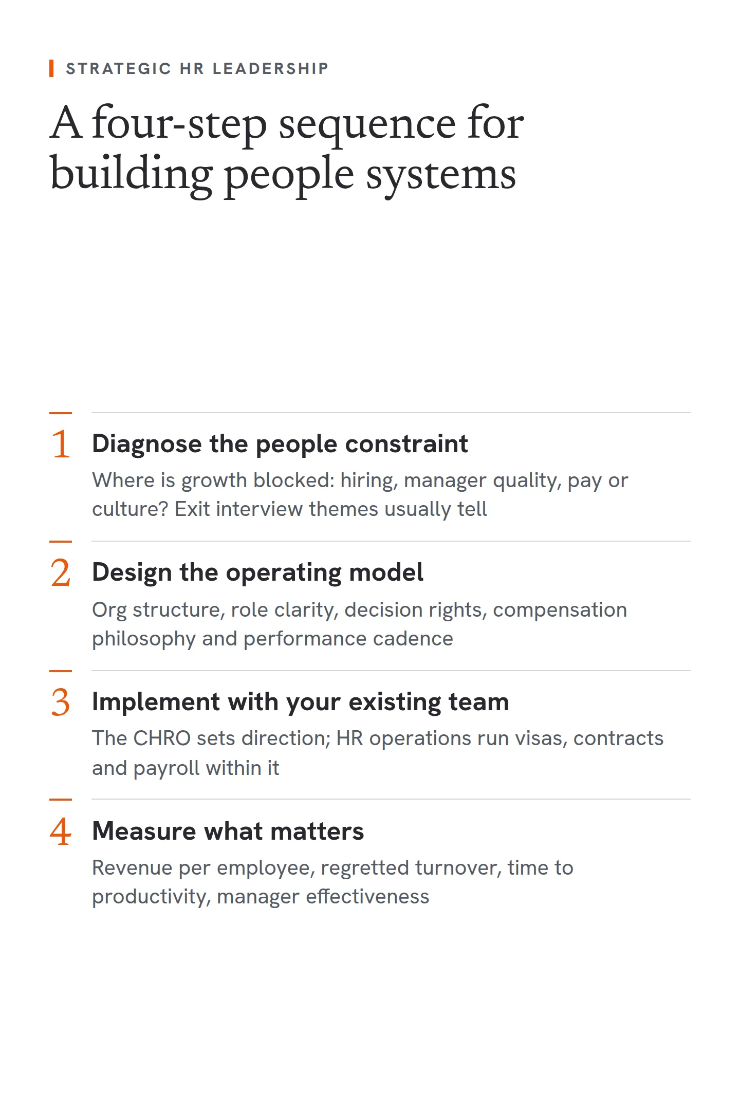 A four-step sequence for building people systems. One: diagnose the people constraint, asking where growth is blocked, whether hiring, manager quality, pay or culture. Two: design the operating model, covering org structure, role clarity, decision rights, compensation philosophy and performance cadence. Three: implement with your existing team, where the CHRO sets direction and HR operations run visas, contracts and payroll within it. Four: measure what matters, such as revenue per employee, regretted turnover, time to productivity and manager effectiveness.