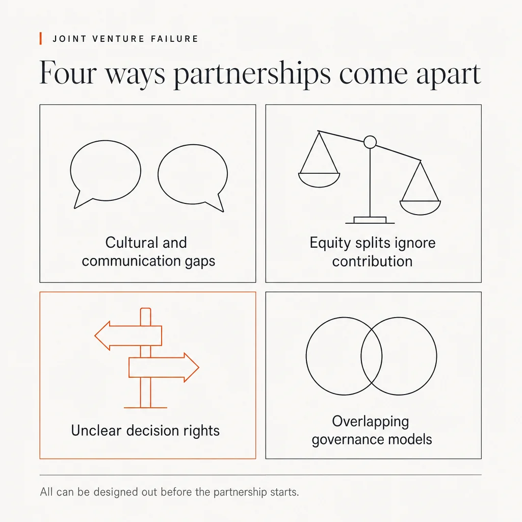 A two by two grid of four causes of joint venture failure. Cultural and communication gaps, shown as two separate speech bubbles. Equity splits ignore contribution, shown as unbalanced scales. Unclear decision rights, shown as a signpost with arrows pointing opposite ways, highlighted in orange. Overlapping governance models, shown as two overlapping circles. The headline reads: Four ways partnerships come apart. The eyebrow reads: Joint venture failure. The footer reads: All can be designed out before the partnership starts.
