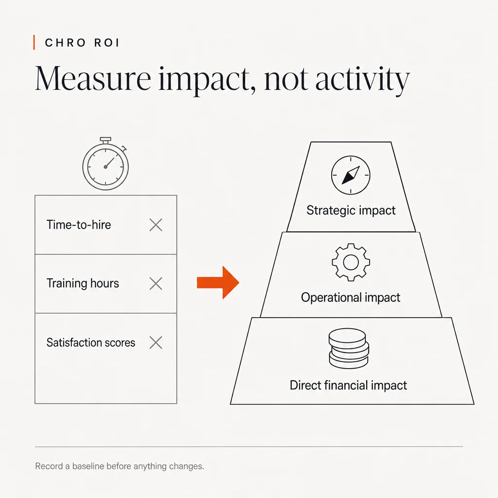 Illustration headed CHRO ROI: Measure impact, not activity. On the left, muted activity measures struck through with crosses: Time-to-hire, Training hours, Satisfaction scores. An orange arrow points to a pyramid of three layers on the right: Strategic impact at the top, Operational impact in the middle and Direct financial impact at the base. The footer reads: Record a baseline before anything changes.