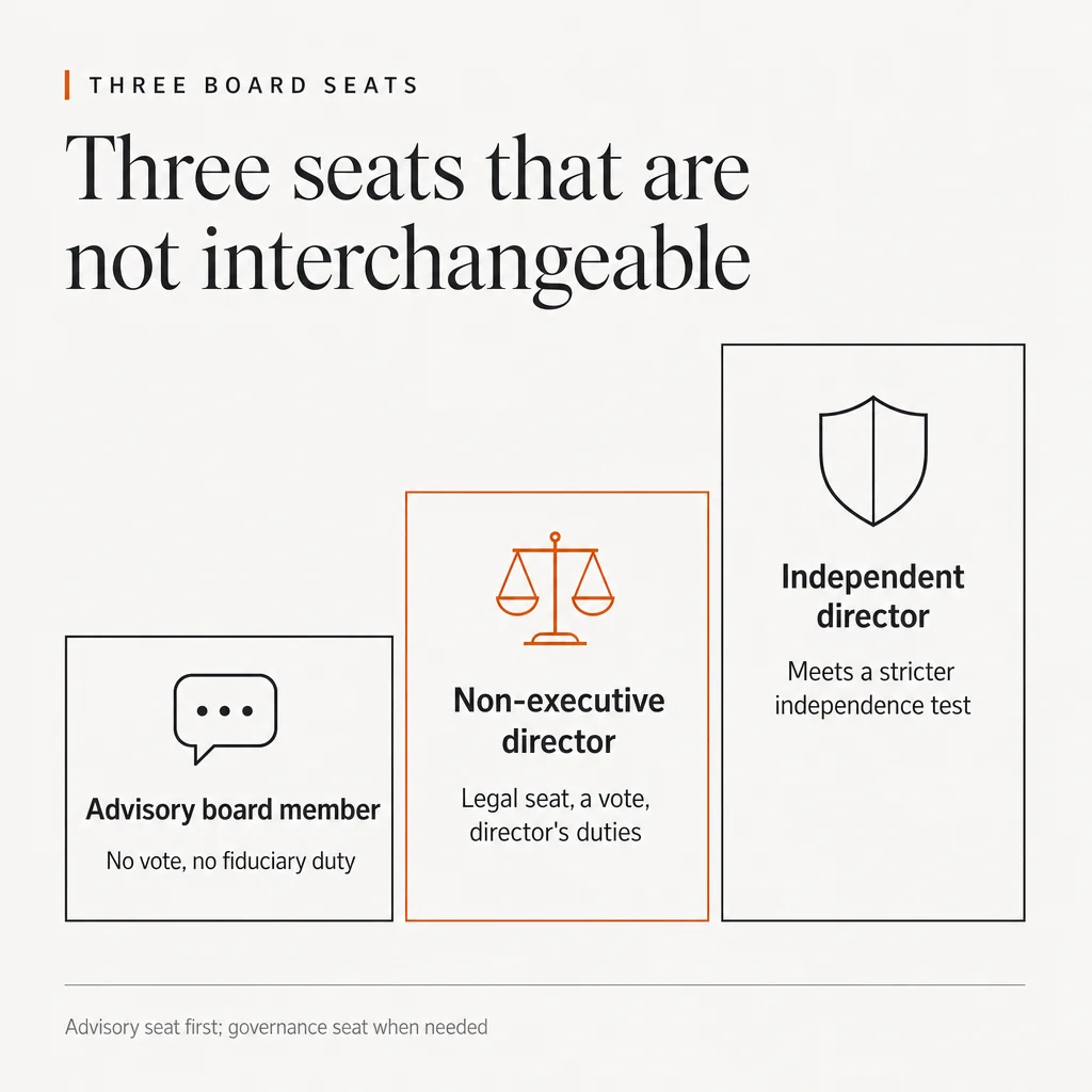 An illustration of three ascending steps headed 'Three seats that are not interchangeable', under the eyebrow 'Three board seats'. The first step shows a speech bubble and reads 'Advisory board member: No vote, no fiduciary duty'. The second step, highlighted in orange, shows scales and reads 'Non-executive director: Legal seat, a vote, director's duties'. The third step shows a shield and reads 'Independent director: Meets a stricter independence test'. The footer reads 'Advisory seat first; governance seat when needed'.