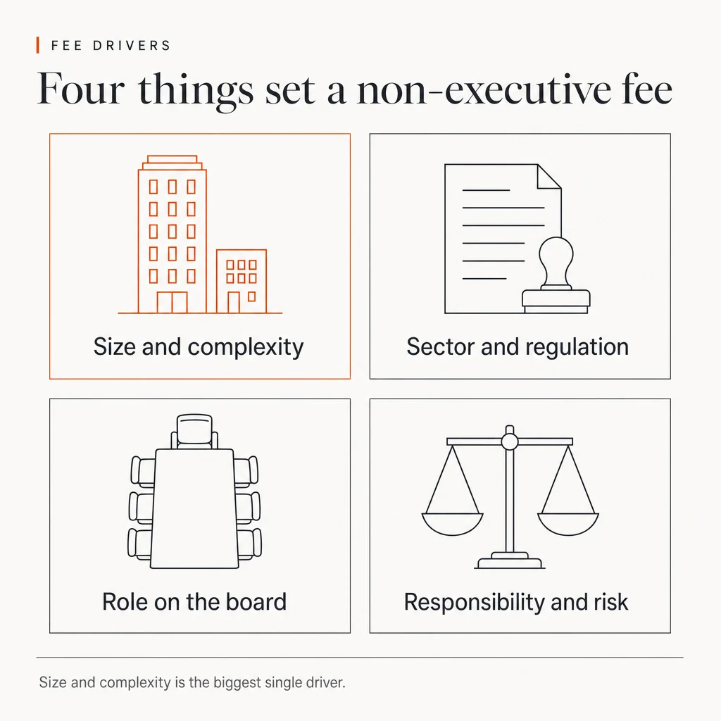 A two by two grid of the four factors that set a non-executive director fee. Size and complexity, shown with tall and small buildings and highlighted in orange. Sector and regulation, shown with a stamped document. Role on the board, shown with a boardroom table and a chair at its head. Responsibility and risk, shown with scales. The headline reads: Four things set a non-executive fee. The eyebrow reads: Fee drivers. The footer reads: Size and complexity is the biggest single driver.