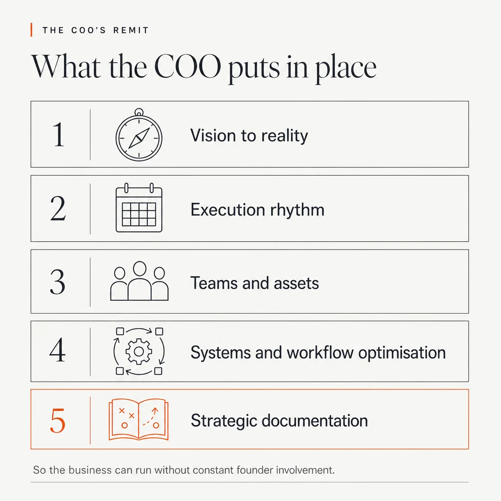 Infographic headed 'The COO's remit: What the COO puts in place'. Five numbered rows: 1, Vision to reality; 2, Execution rhythm; 3, Teams and assets; 4, Systems and workflow optimisation; 5, Strategic documentation, highlighted in orange. Footer: So the business can run without constant founder involvement.