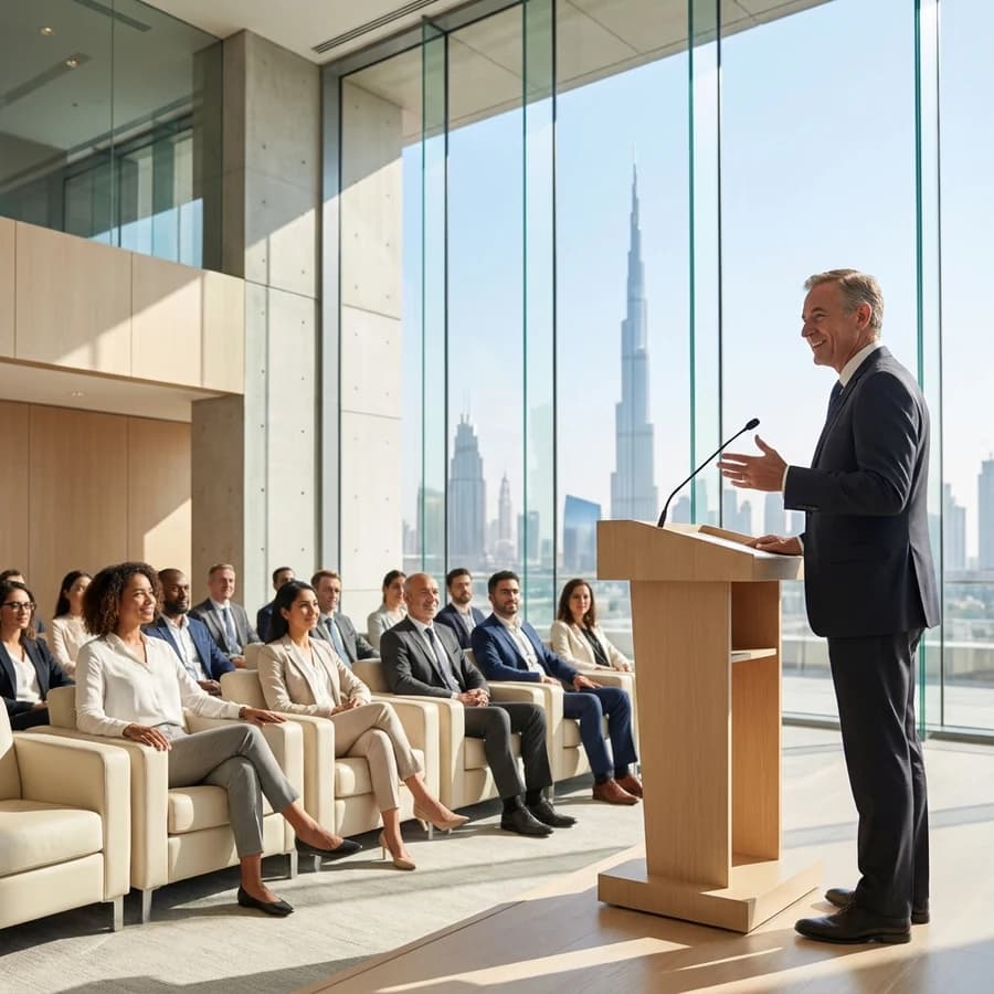 A senior executive speaking from a podium to a seated audience in a bright, sunlit Dubai event space, the downtown skyline beyond the glass