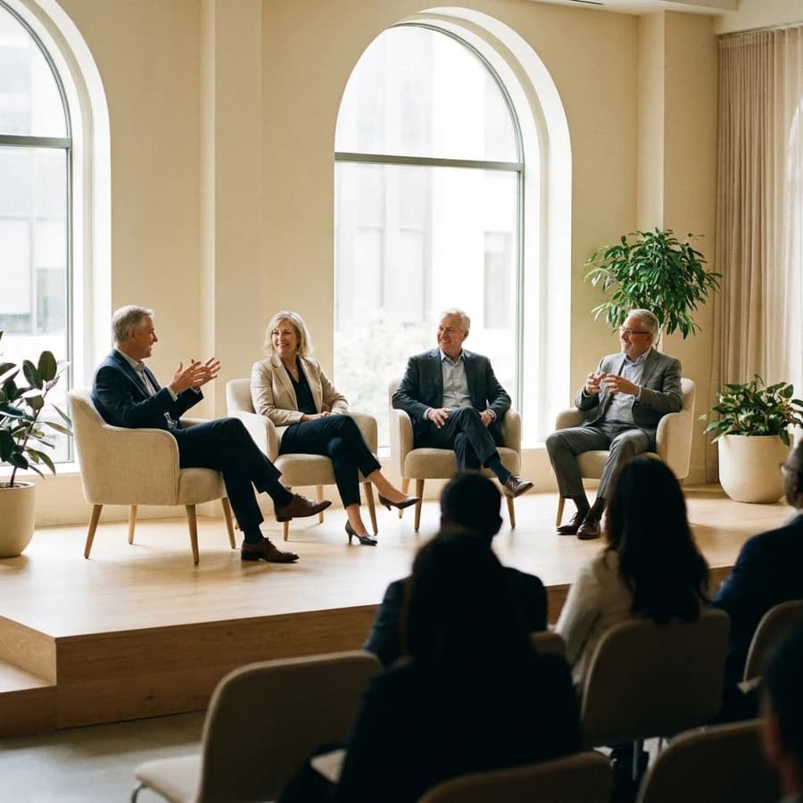 Four senior executives seated for a panel in a bright, sunlit venue, audience silhouettes in the foreground
