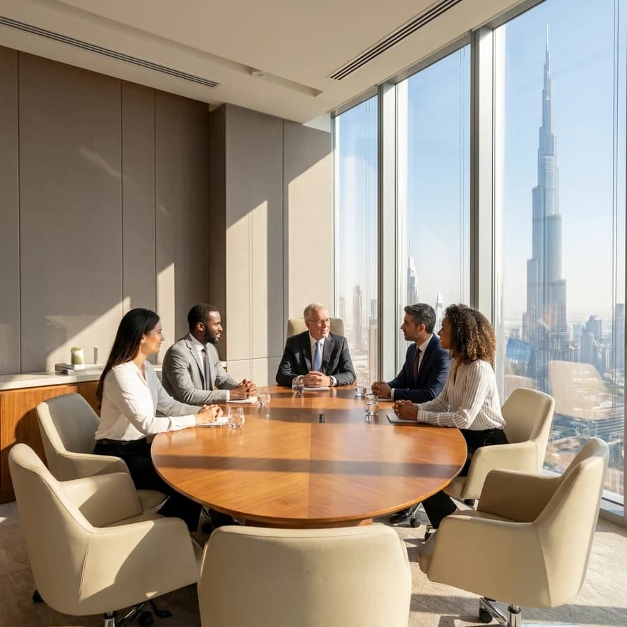 A roundtable of founders and a senior executive around a table in daylight, Dubai skyline through the glass