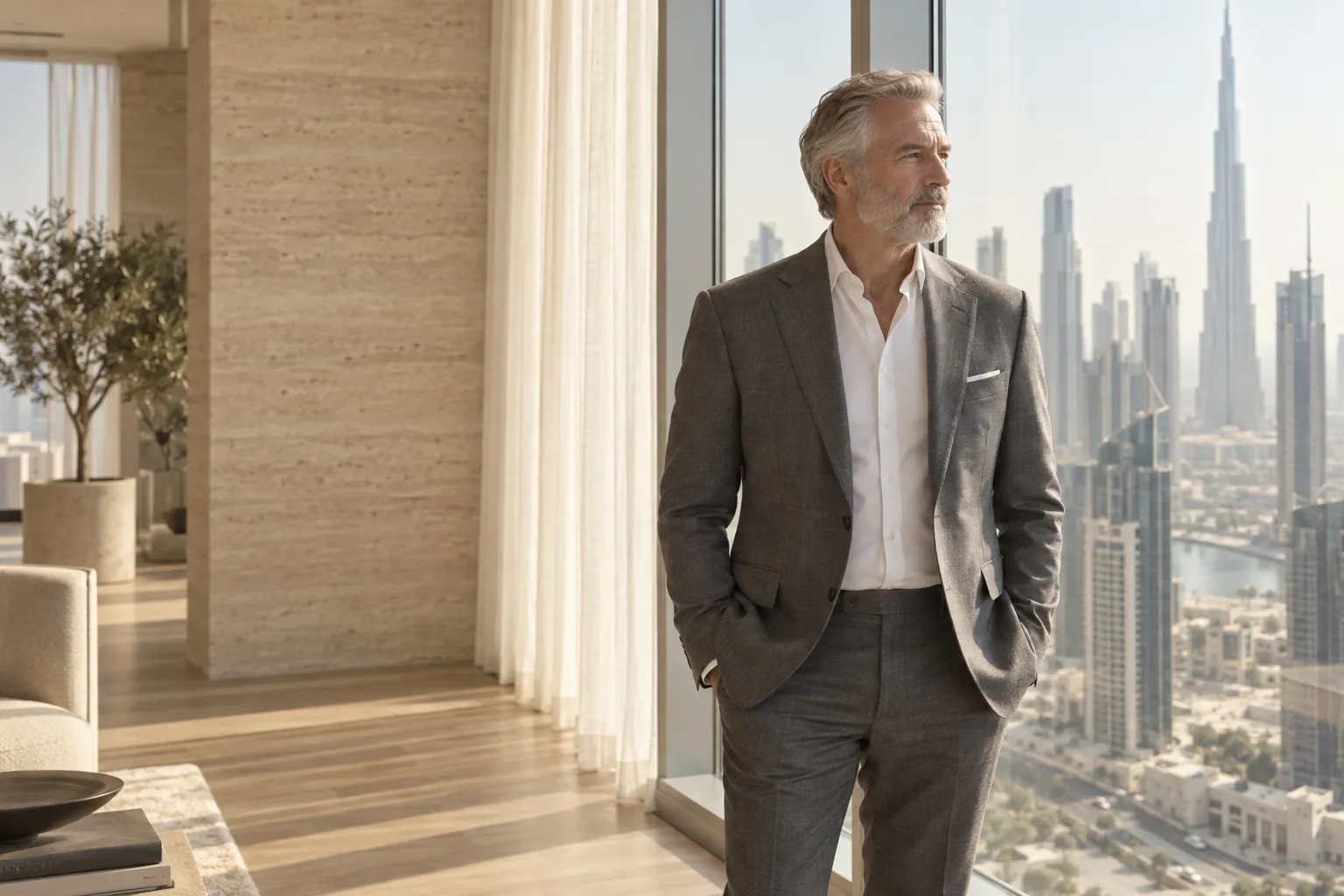 A senior compliance executive by the window of a bright Dubai office overlooking the financial district