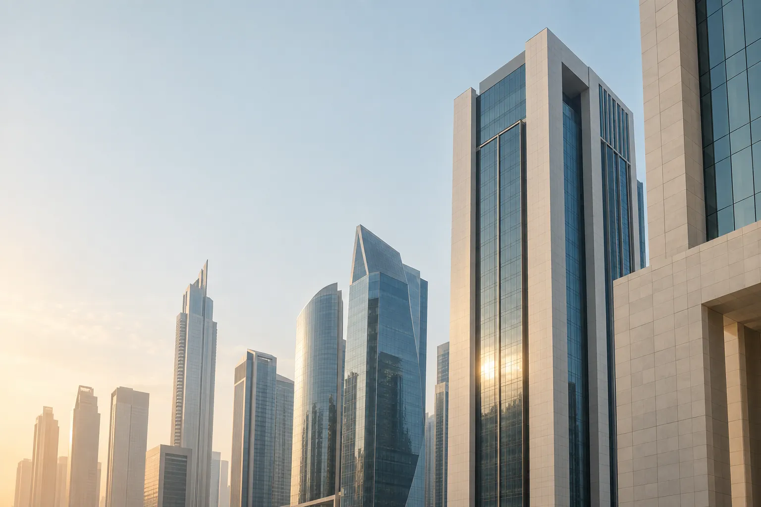 Financial district towers in the UAE in soft morning light