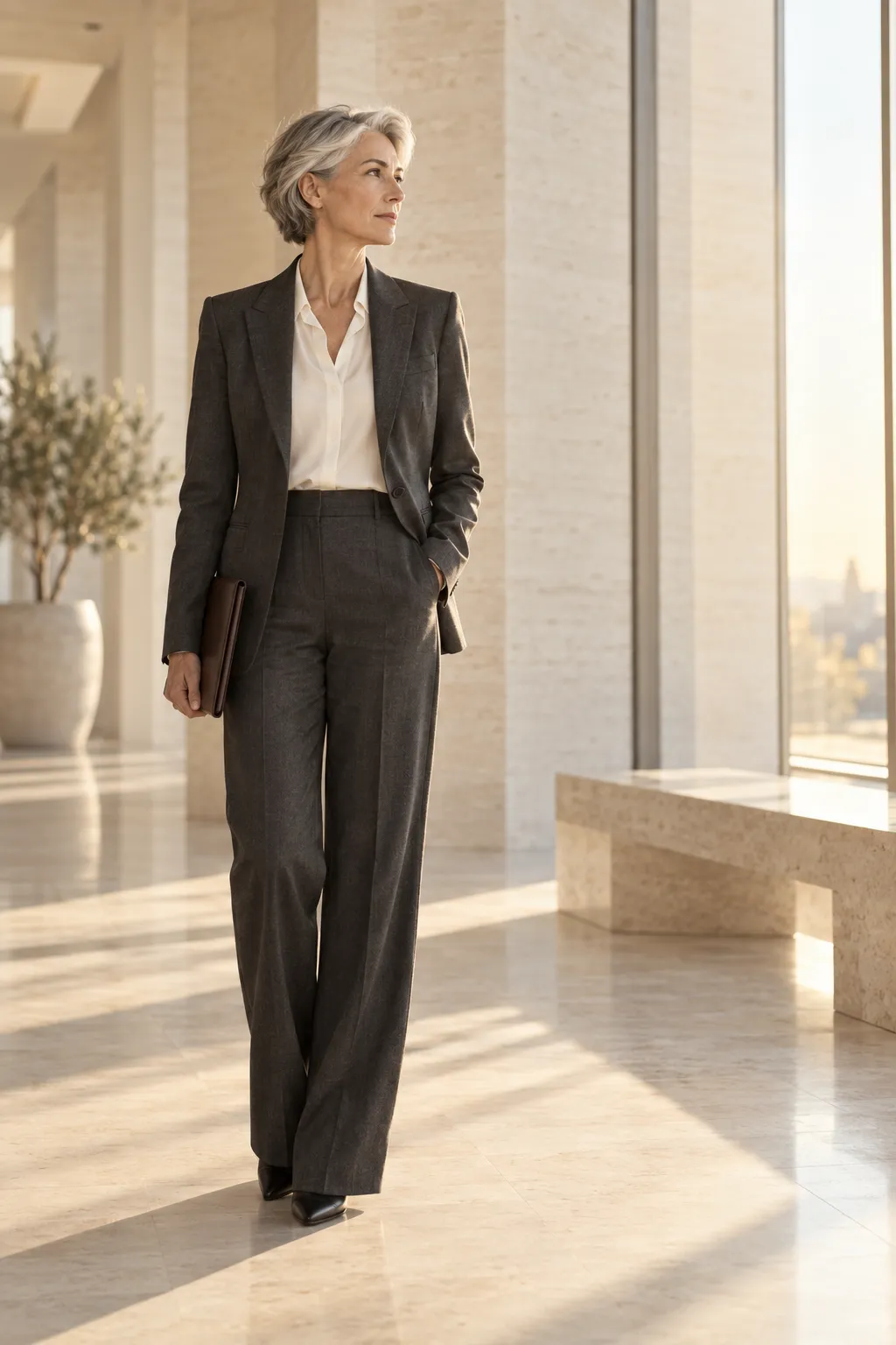 A senior compliance leader walking through a bright, stone-lined office