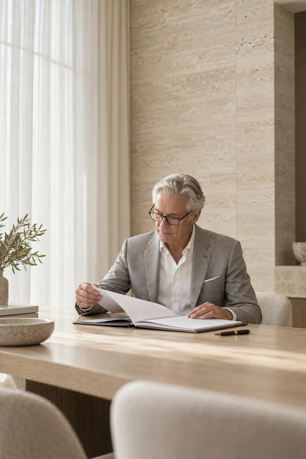 A senior compliance officer reviewing a policy document at an oak table in a bright meeting room