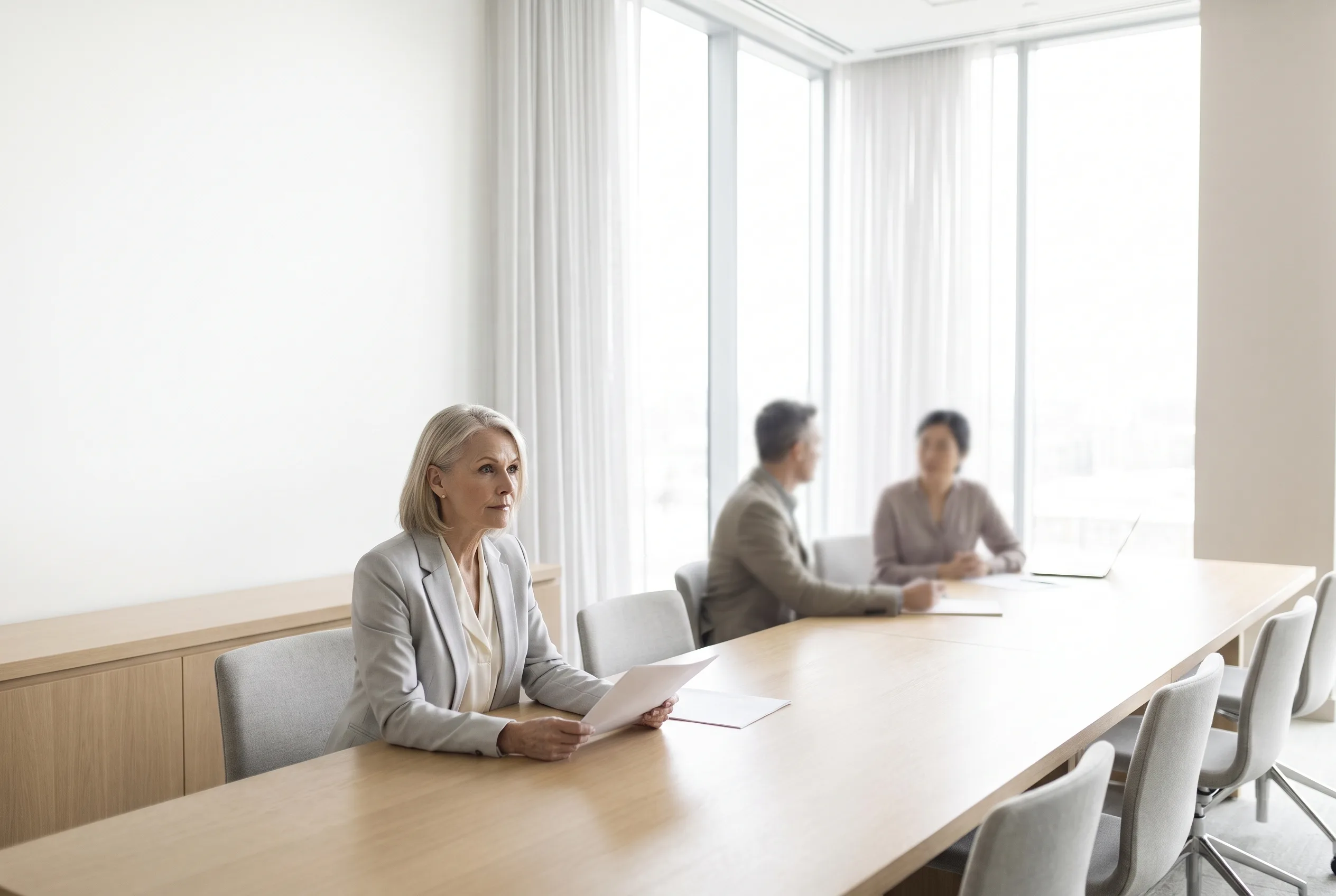 A bright modern boardroom with a long table in soft morning light