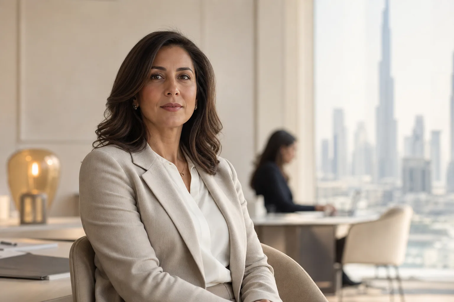 A senior people-and-culture executive in a quiet modern Dubai office