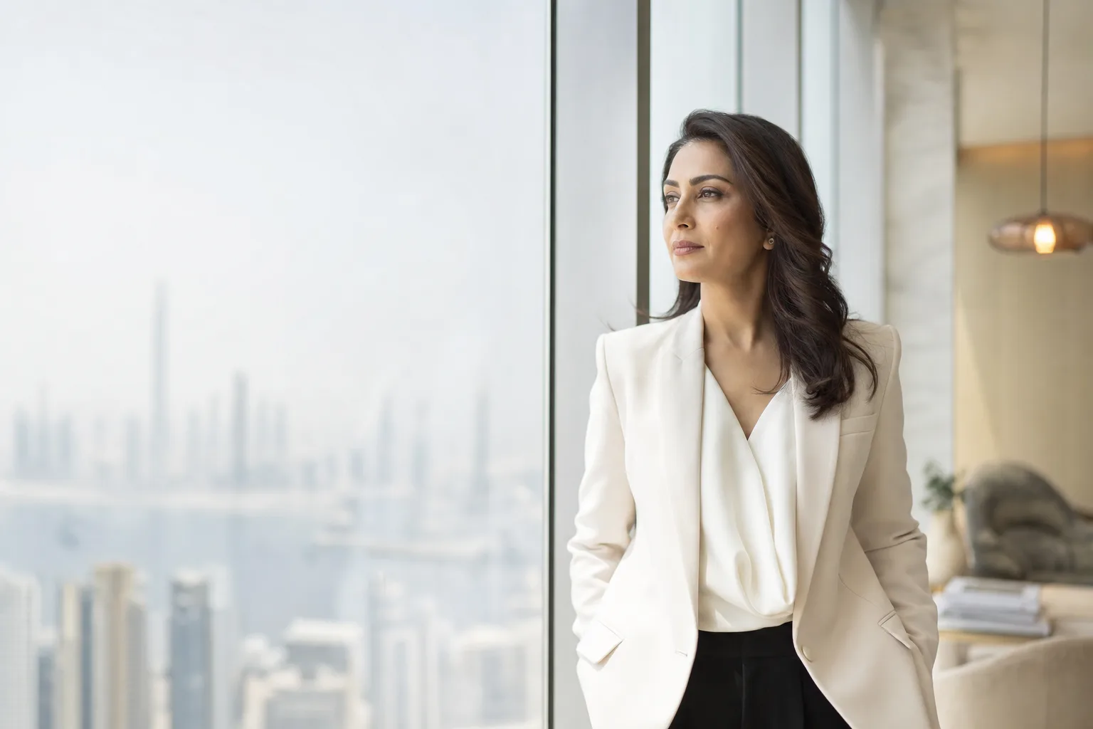A senior marketing executive by a window in a bright Dubai studio office