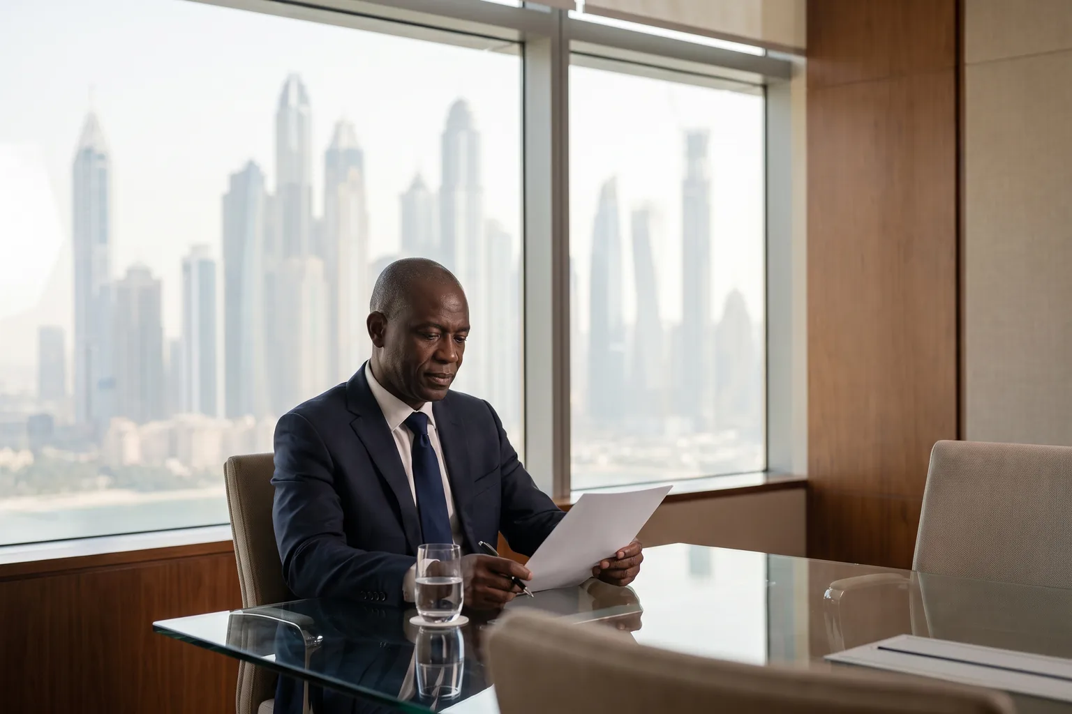 A senior revenue executive in conversation in a bright Dubai meeting room