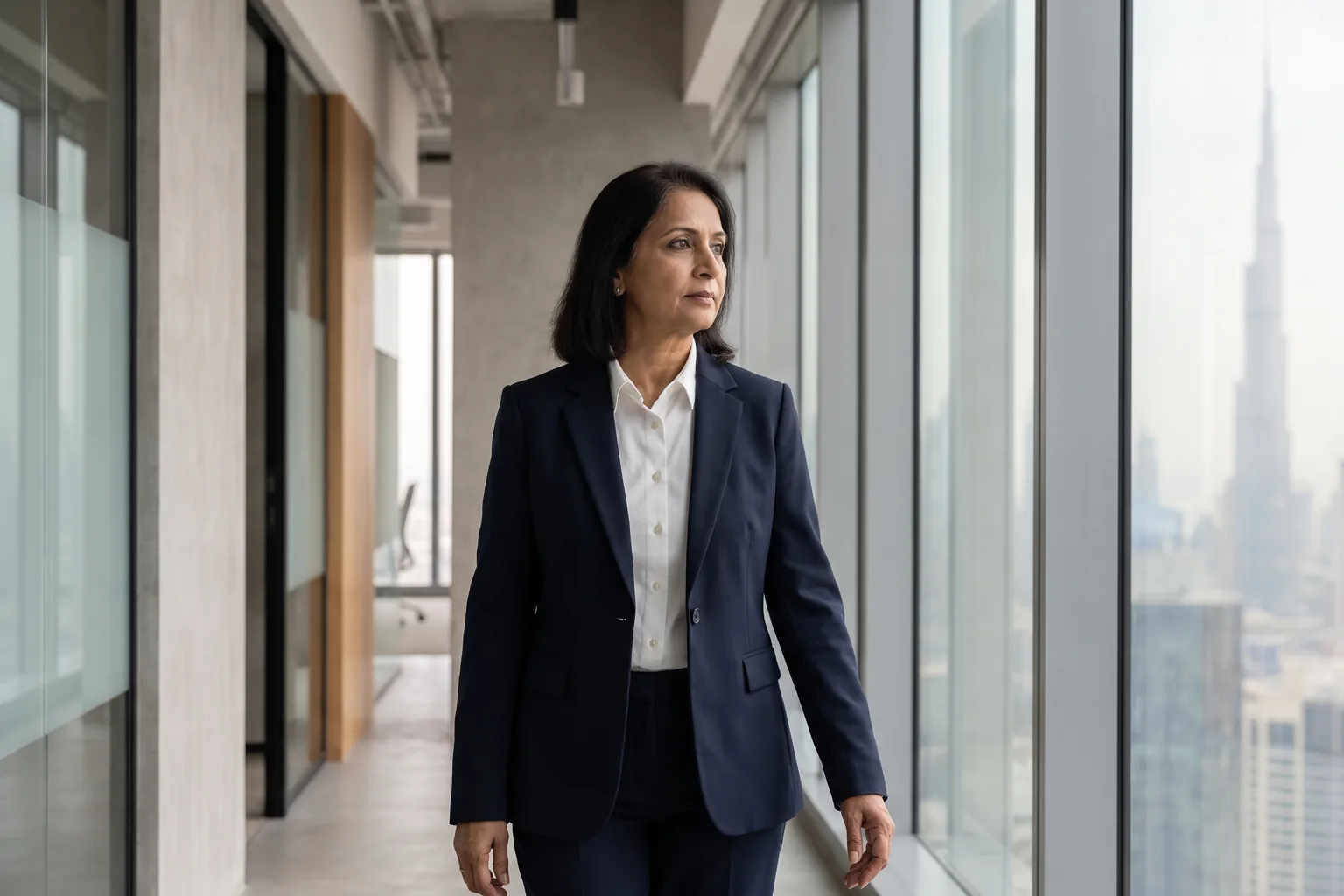 A senior technology executive by a glass partition in a modern Dubai office