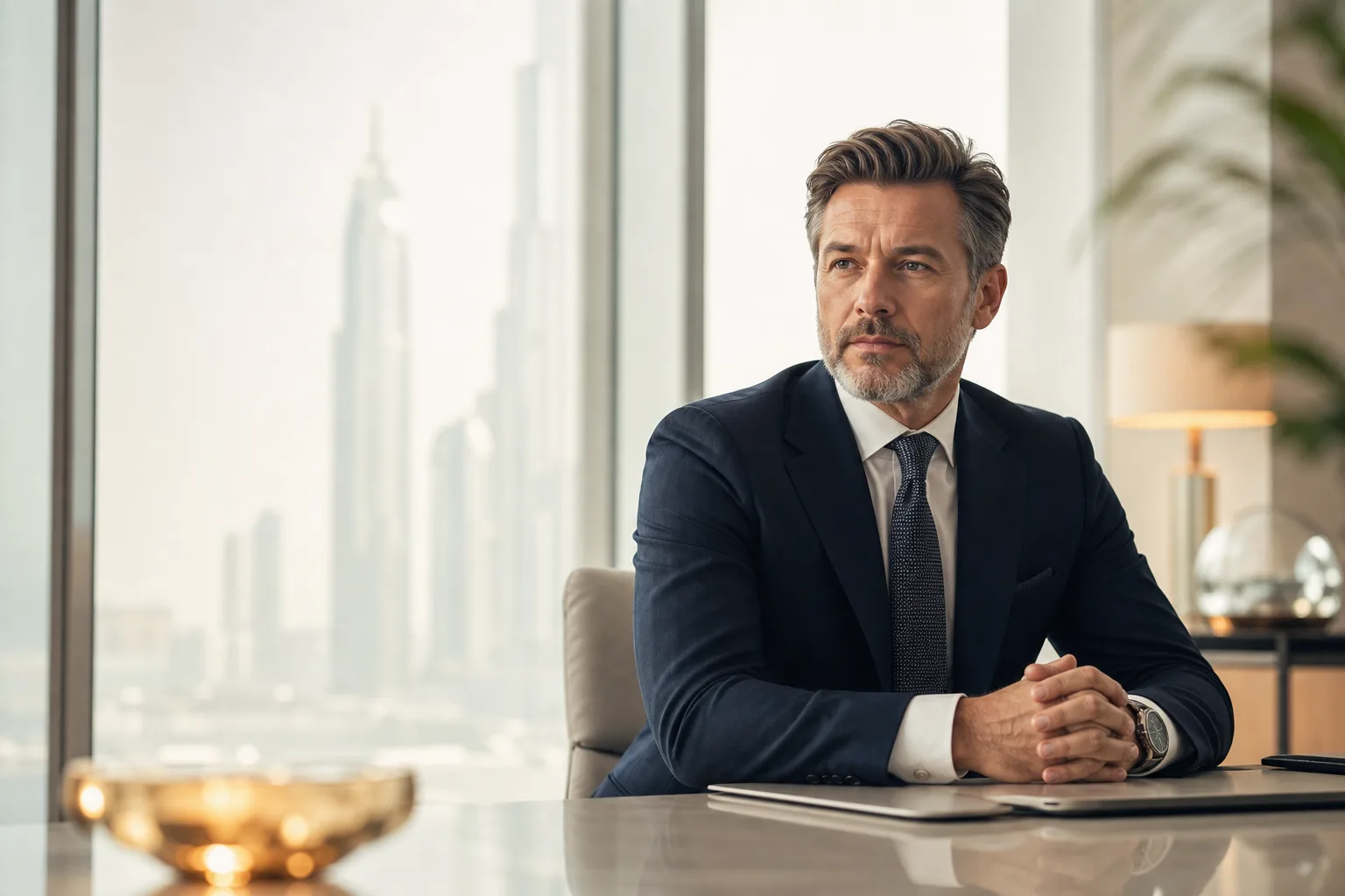A senior executive at work in a modern Dubai free-zone office