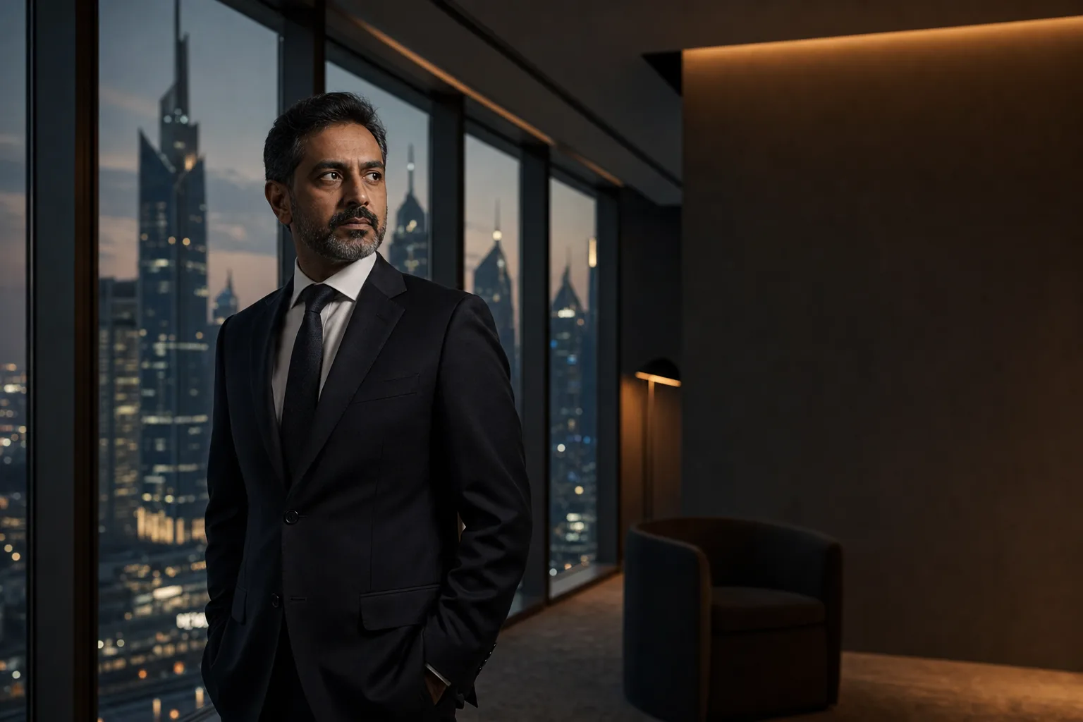 A senior regulatory executive in a Dubai financial-district office at dusk