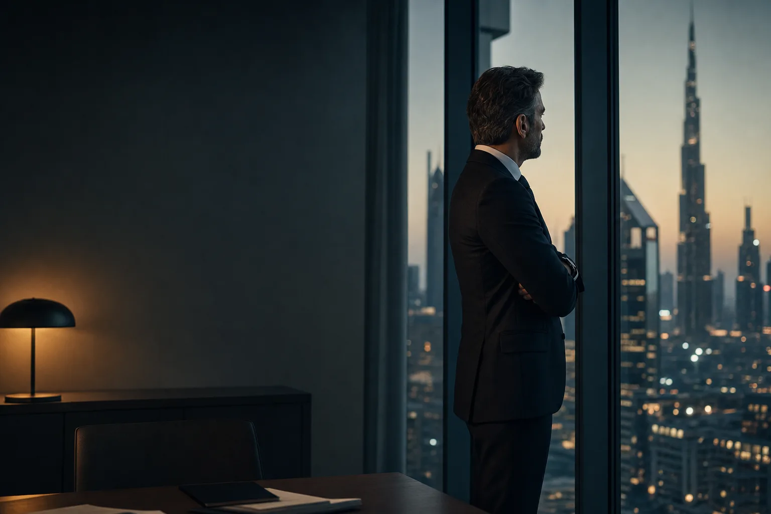A senior executive looking out over the Dubai skyline at dusk