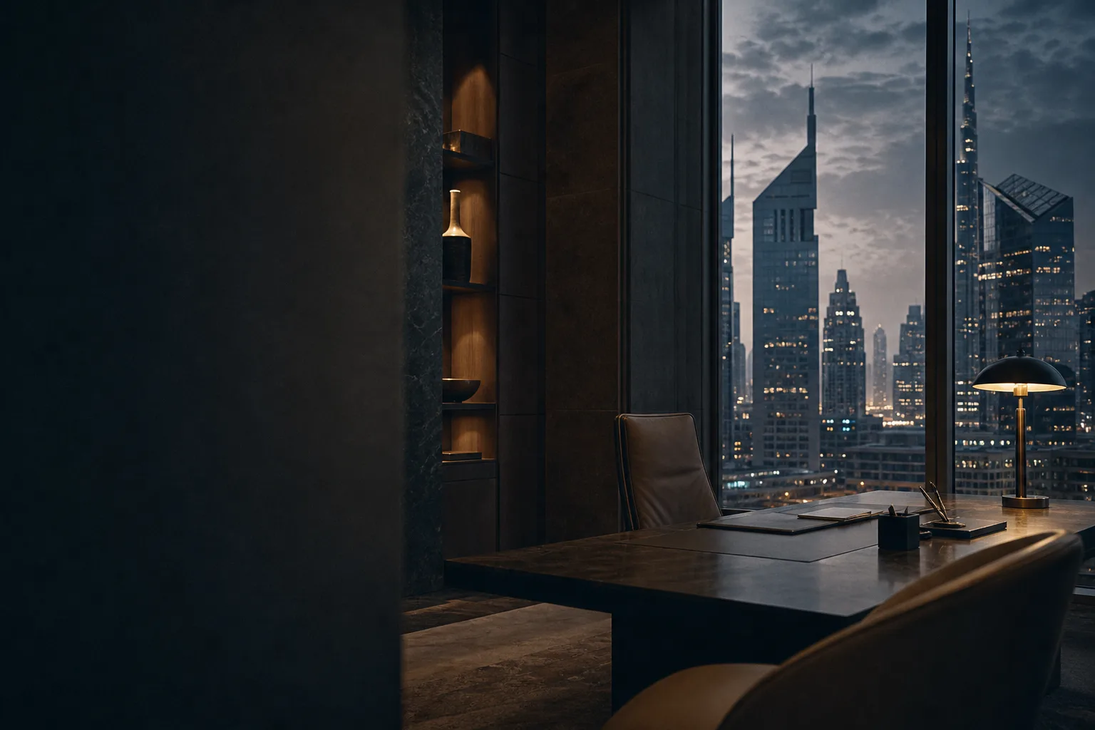 A refined office of wood, stone and glass, the Dubai skyline at dusk beyond