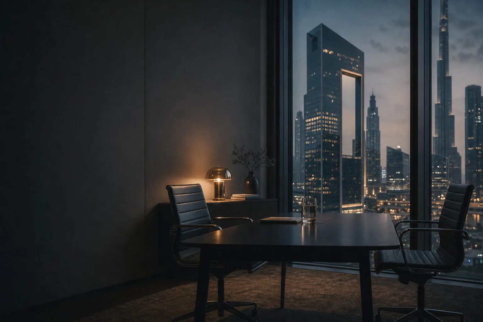 A quiet meeting room at dusk, two chairs across a table, the Dubai skyline beyond