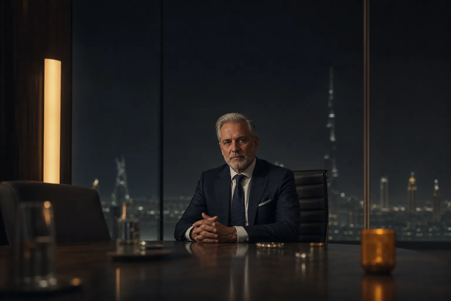A senior finance executive composed at a Dubai boardroom table in low evening light