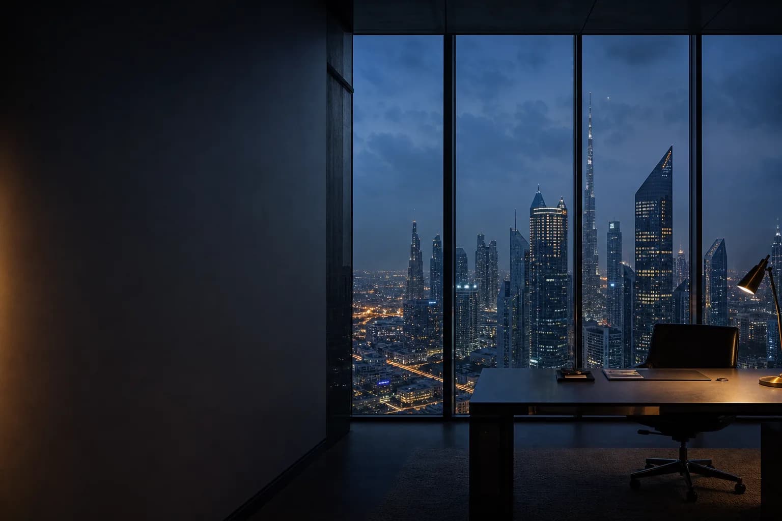 A high-floor view over Dubai's financial district at blue hour