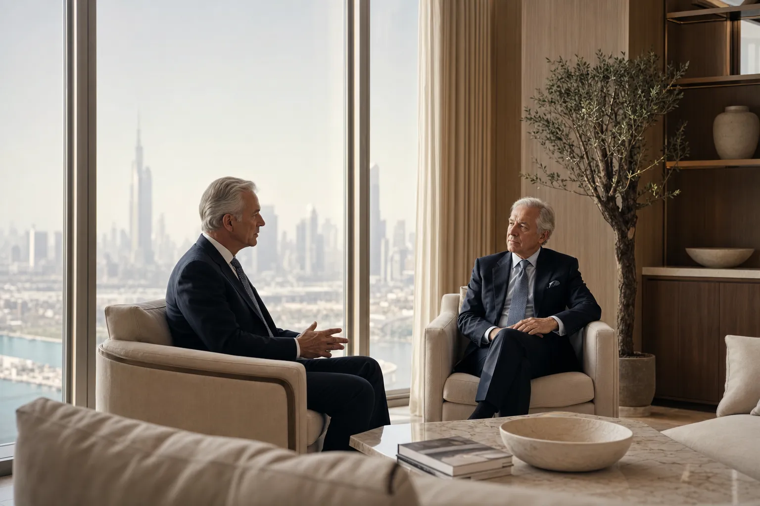 Two senior professionals in measured conversation in a quiet, modern Dubai lounge