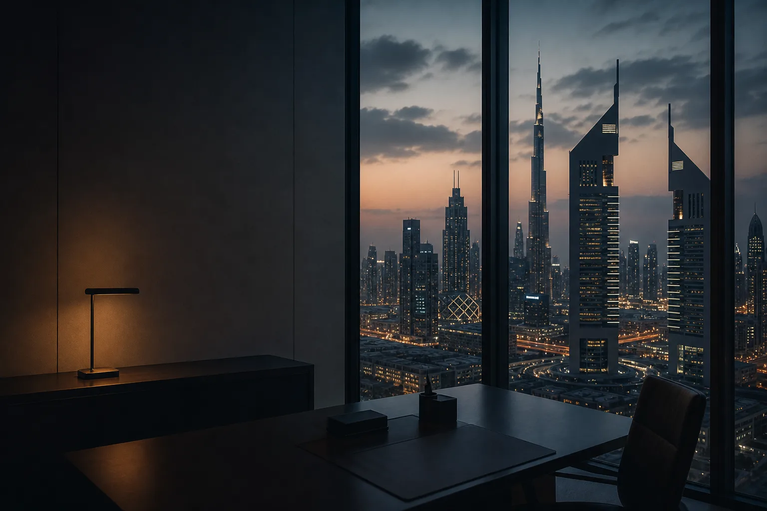 A wide view over the Dubai skyline at blue hour from a high tower