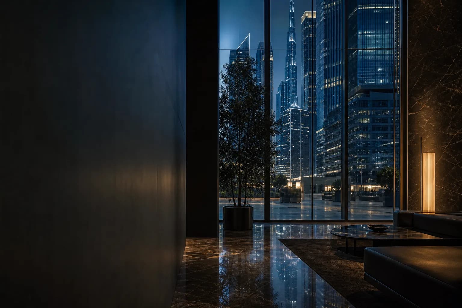 A sleek financial-district lobby at blue hour, Dubai towers beyond