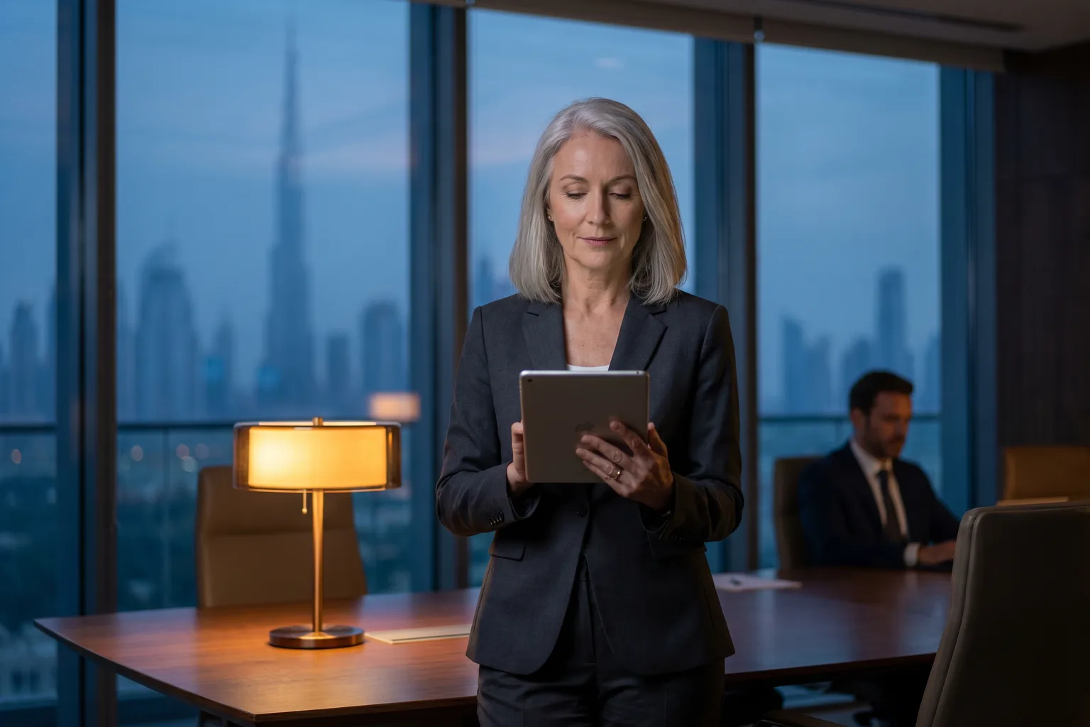 A decisive senior operator in a high-rise Dubai office at dusk, surveying with focus