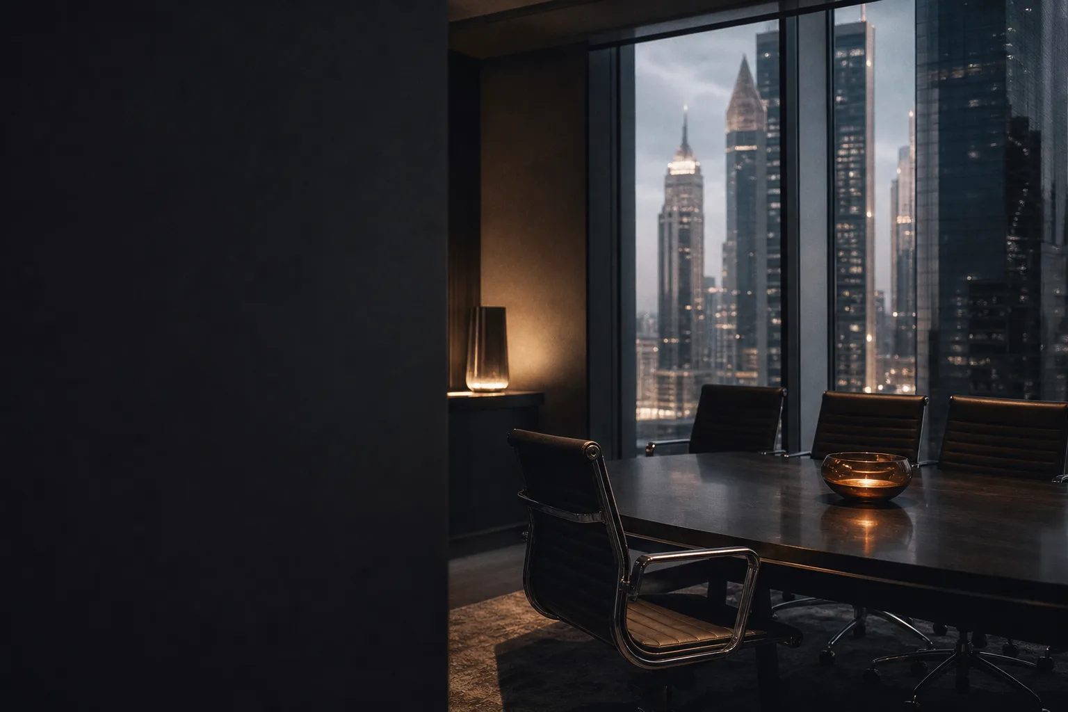 A modern meeting room at dusk with a Dubai city view