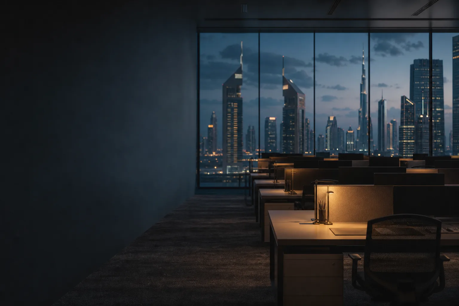 An open-plan office floor at blue hour, the Dubai skyline through the glass