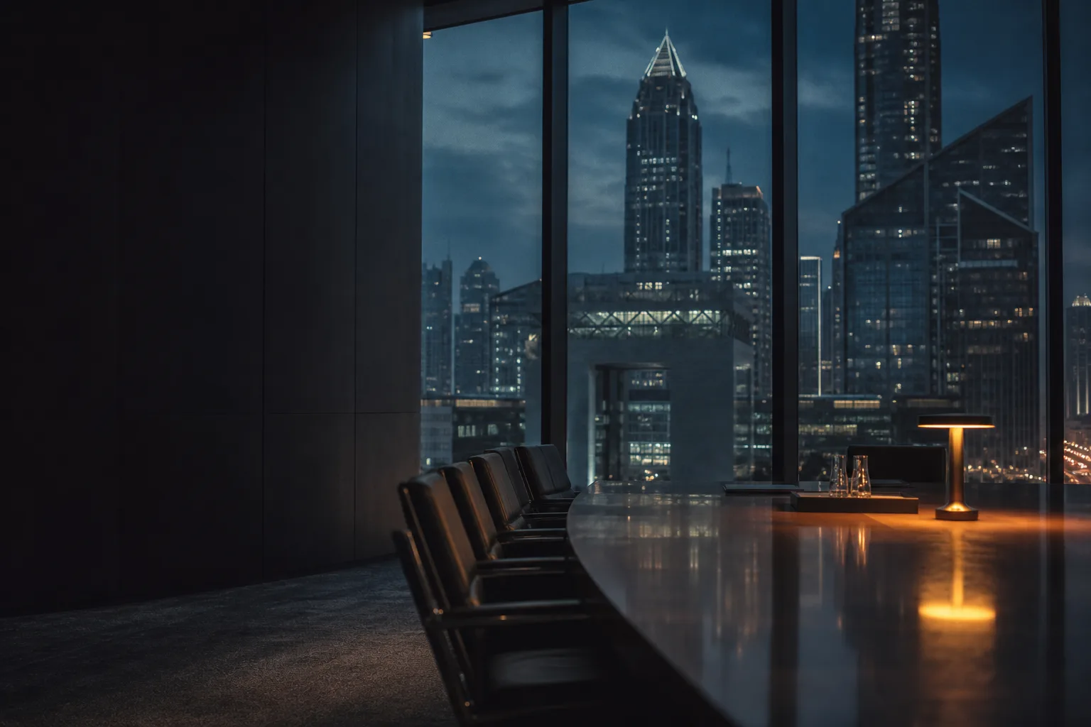 A calm modern boardroom at dusk, the Dubai skyline beyond floor-to-ceiling glass