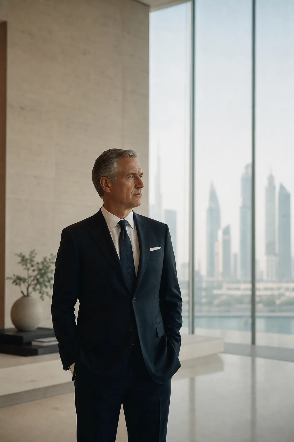 A senior executive in a calm, light-filled Dubai office, the downtown towers beyond the glass