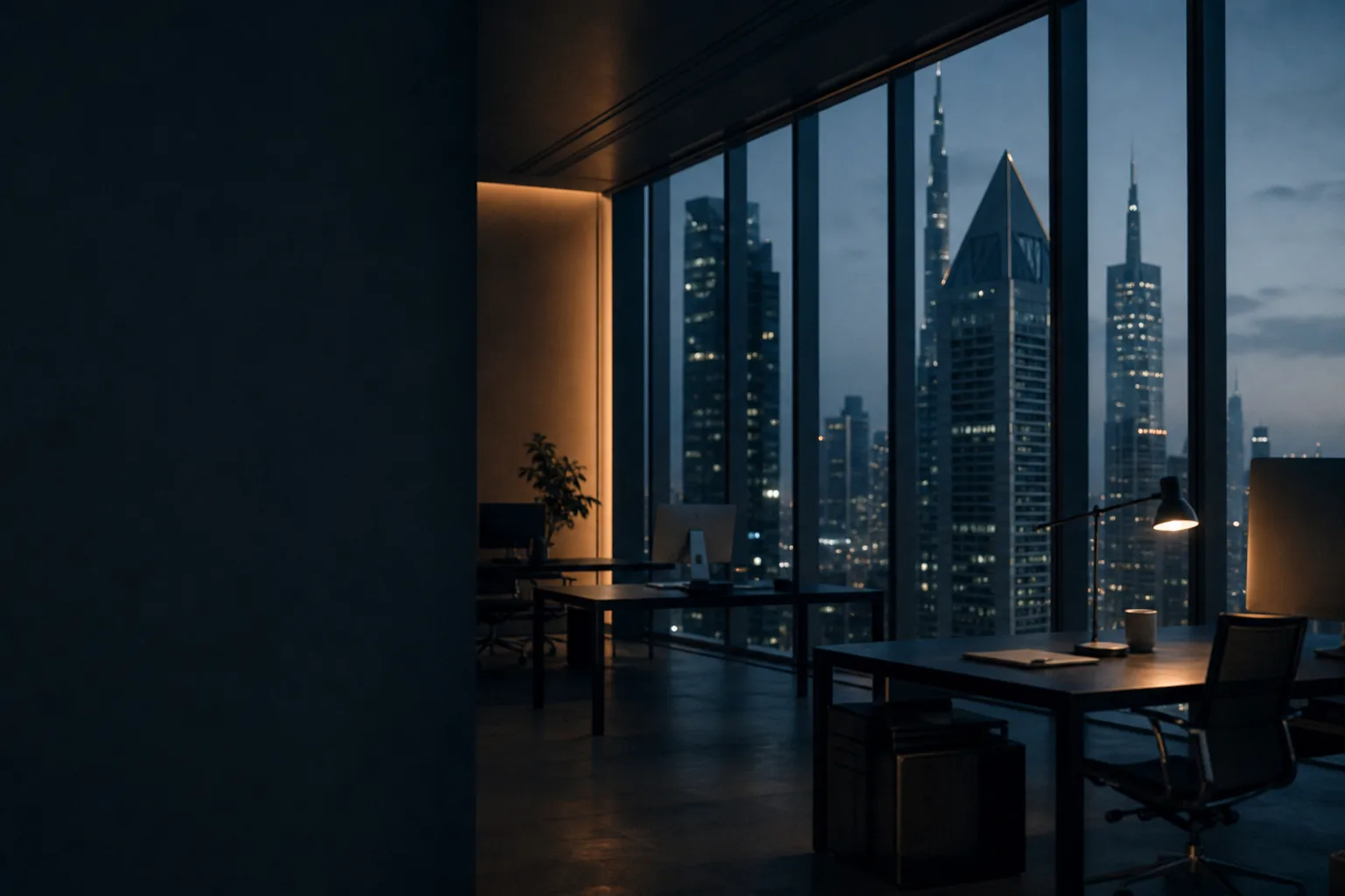 A quiet modern workspace at dusk, Dubai towers beyond the windows