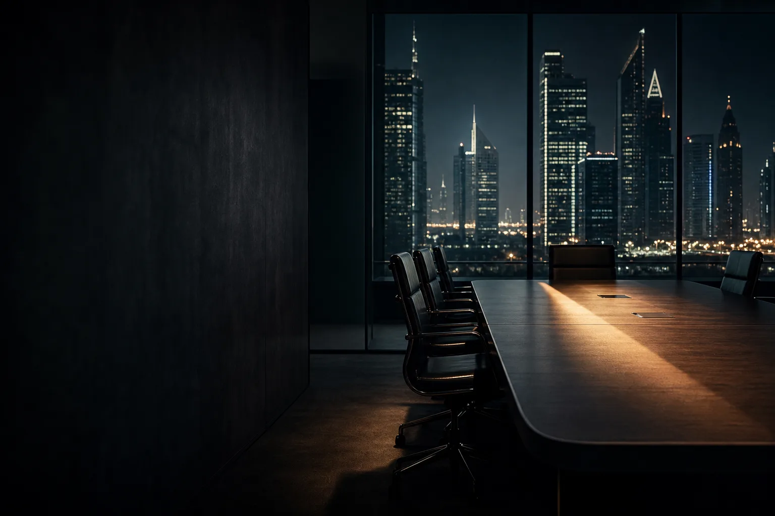 A low-key boardroom with a single shaft of light, the Dubai skyline at night