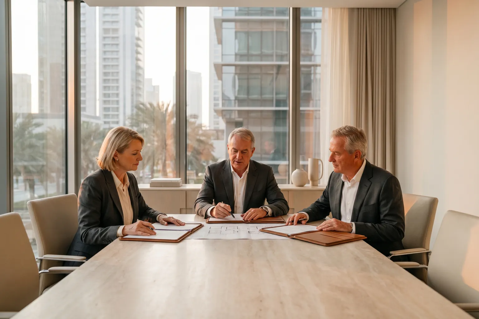 Three senior executives reviewing documents together at a boardroom table, the Dubai towers beyond the glass