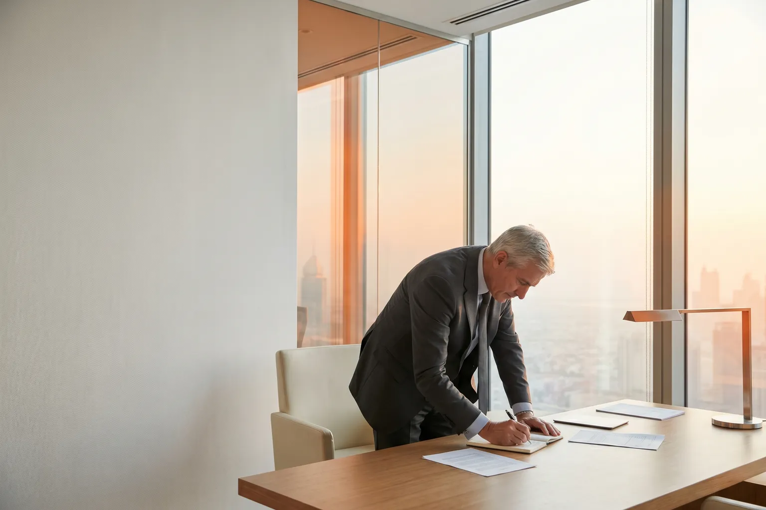 A senior executive working alone at a desk by a window high above the Dubai skyline at dusk